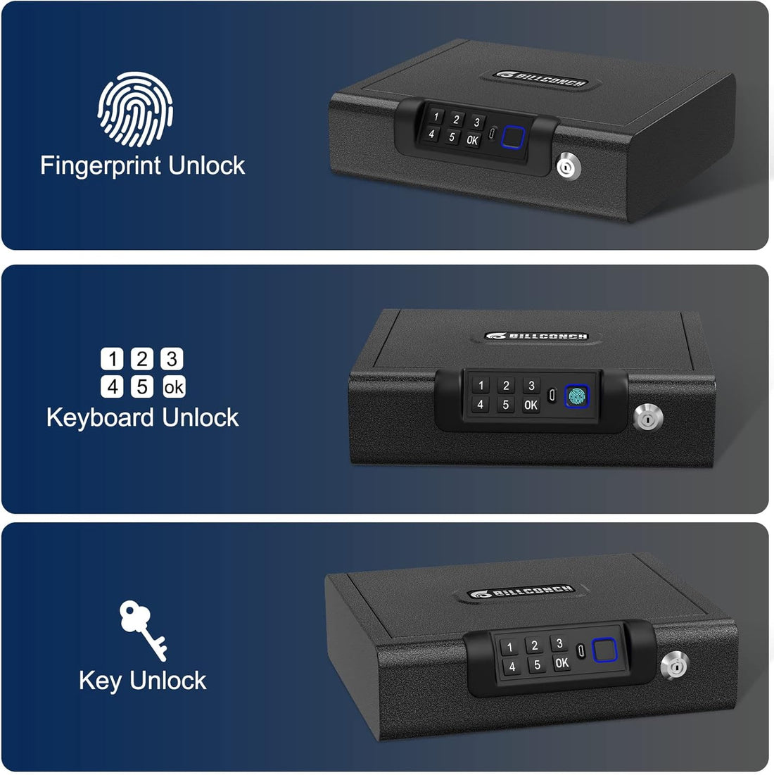 BILLCONCH Gun Safe, A1 Biometric Gun Safe for Handgun 3-Ways unlock Safe